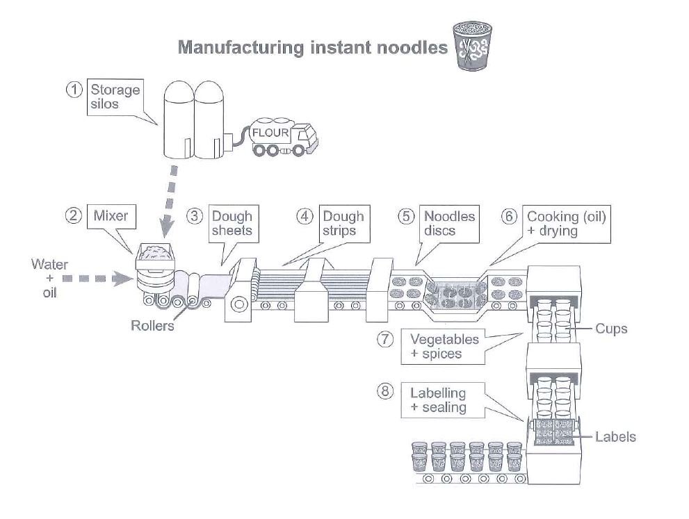 The diagram below shows how instant noodles are manufactured.